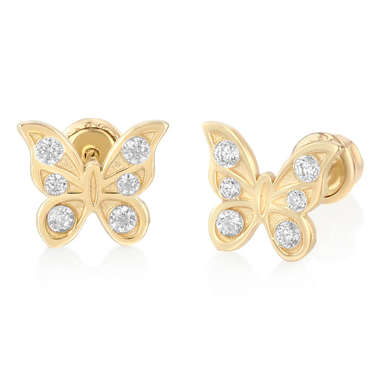 14K Gold CZ Butterfly Stud Earrings for child/women