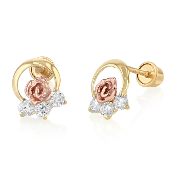 14K Gold CZ Flower Stud Earrings