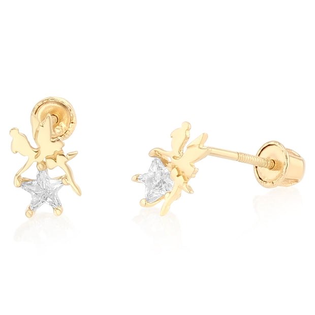 14K GOLD STAR CUT CZ CUTE TINY TINKER BELL STUD EARRINGS