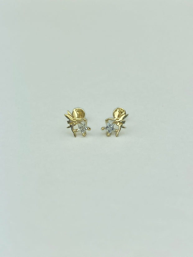 14K GOLD STAR CUT CZ CUTE TINY TINKER BELL STUD EARRINGS