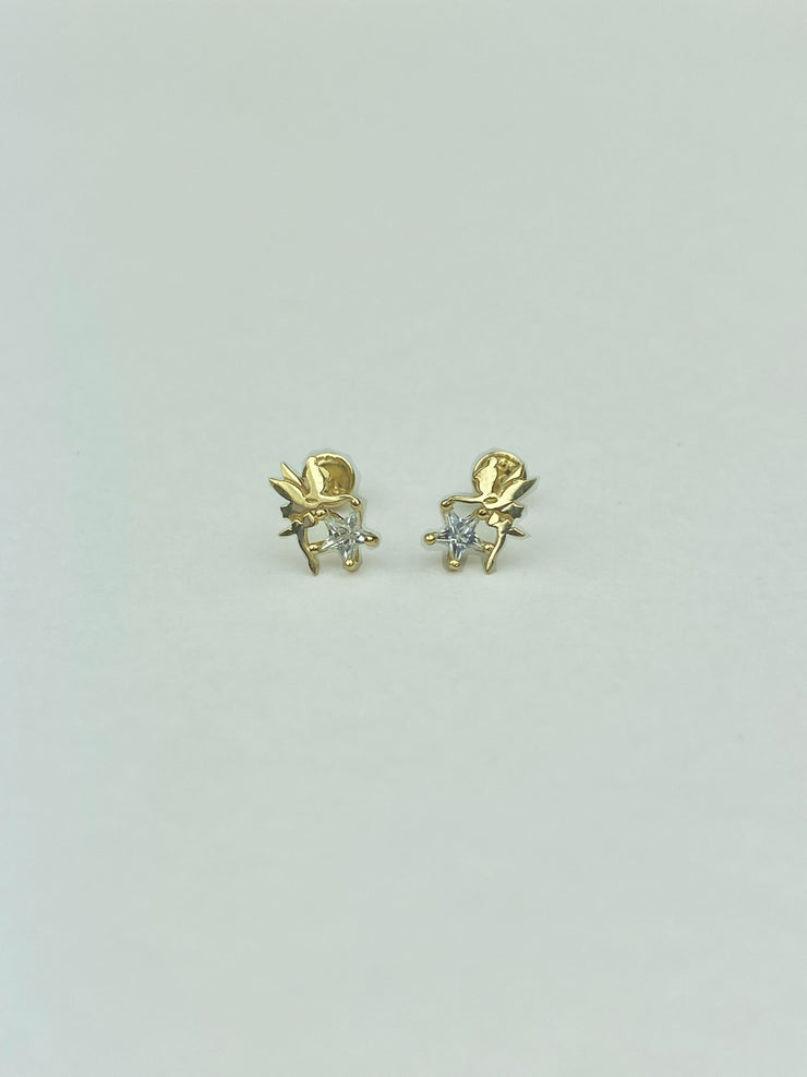 14K GOLD STAR CUT CZ CUTE TINY TINKER BELL STUD EARRINGS