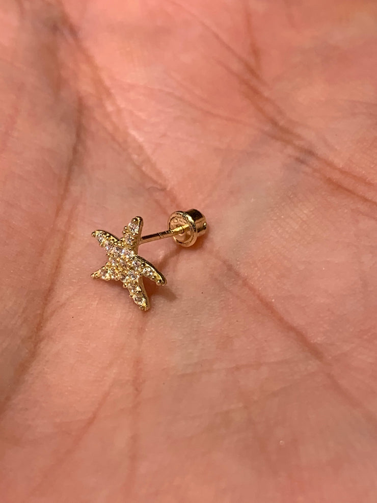 14K Gold CZ Sea Star Fish Stud Earrings