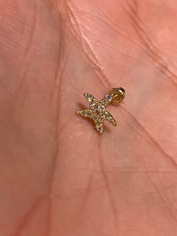 14K Gold CZ Sea Star Fish Stud Earrings