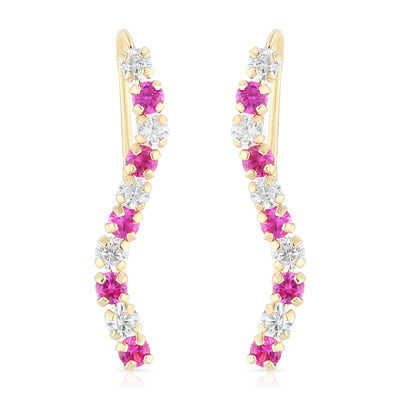 14K Gold Red CZ Lined Ear Crawler - Cuff Earrings