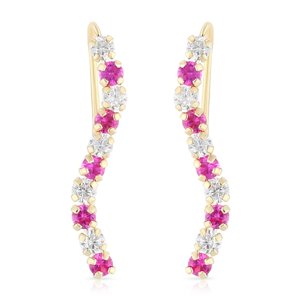14K Gold Red CZ Lined Ear Crawler - Cuff Earrings
