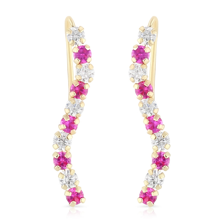 14K Gold Red CZ Lined Ear Crawler - Cuff Earrings