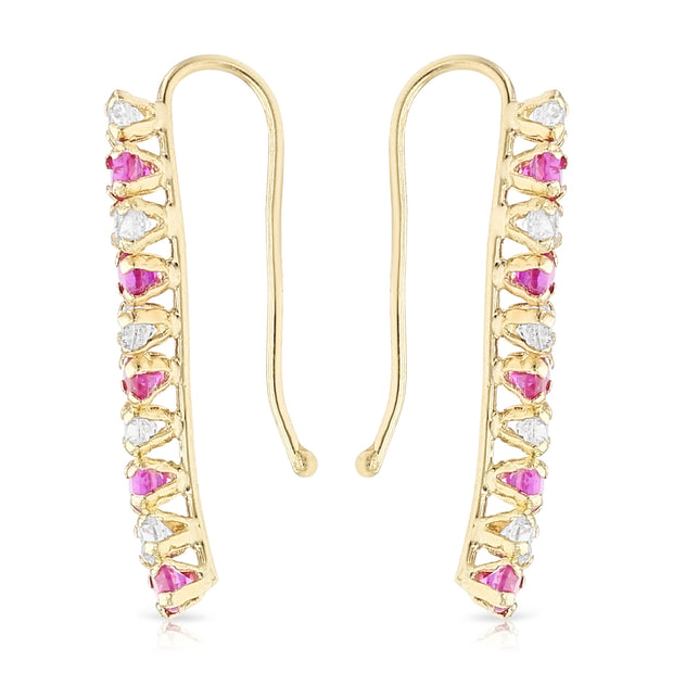 14K Gold Red CZ Lined Ear Crawler - Cuff Earrings