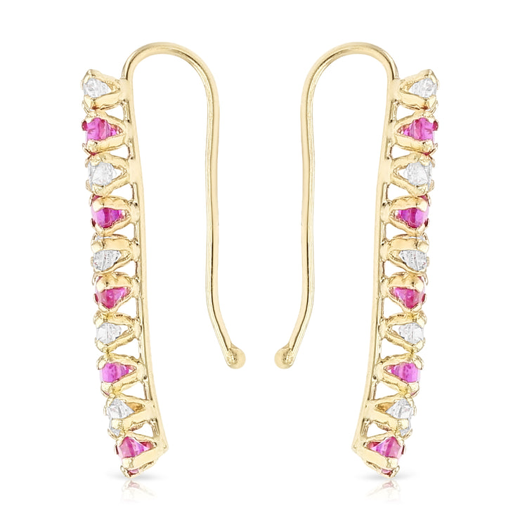 14K Gold Red CZ Lined Ear Crawler - Cuff Earrings