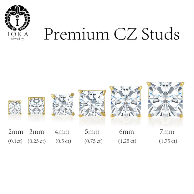 affordable everyday wear cubic zirconia gold stud earrings in various sizes they suit all outfits perfect wear of formal office party glam and date nights perfect replacement for expensive diamond studs comfortable earrings for all skin types