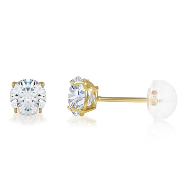 14K Gold Round Solitaire Cubic Zirconia CZ Stud Push Back Earrings