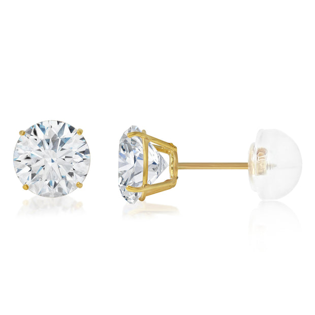 14K Gold Round Solitaire Cubic Zirconia CZ Stud Push Back Earrings