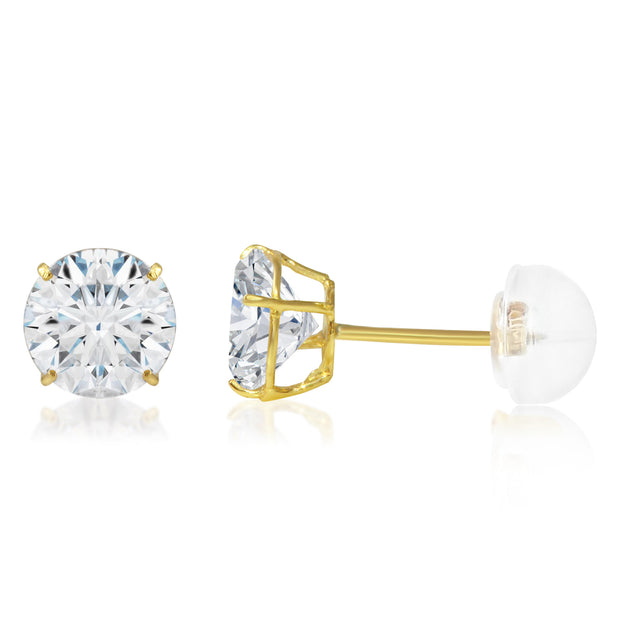 14K Gold Round Solitaire Cubic Zirconia CZ Stud Push Back Earrings