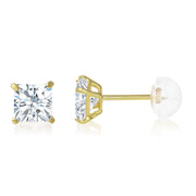 14K Gold Square Solitaire Princess Cut Cubic Zirconia CZ Stud Push Back Earrings