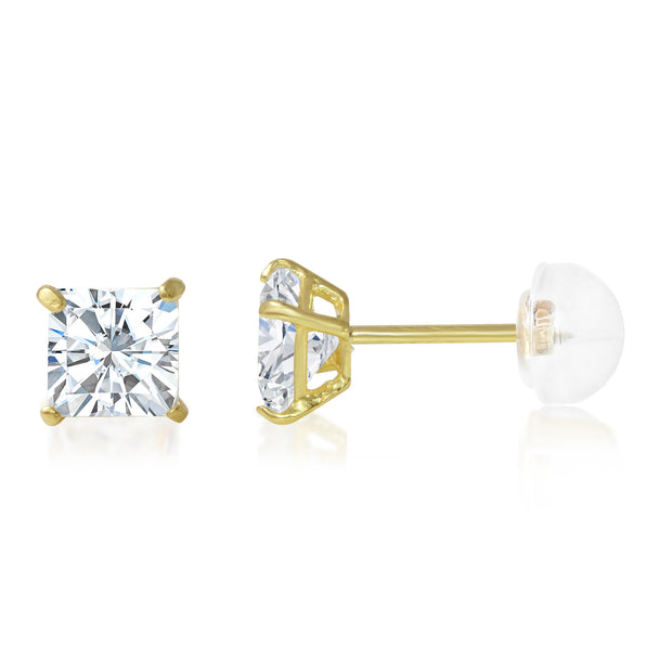 14K Gold Square Solitaire Princess Cut Cubic Zirconia CZ Stud Push Back Earrings