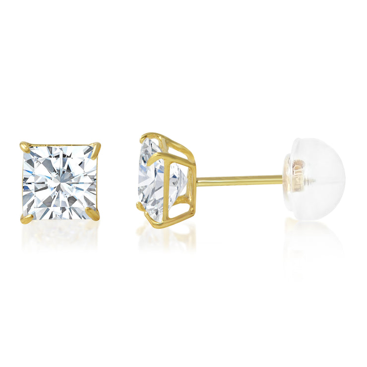 14K Gold Square Solitaire Princess Cut Cubic Zirconia CZ Stud Push Back Earrings