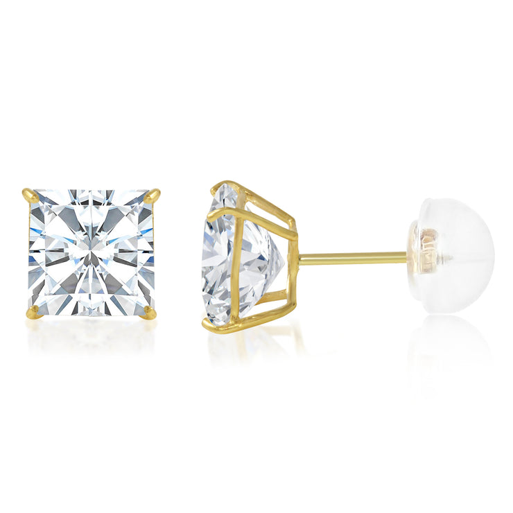 14K Gold Square Solitaire Princess Cut Cubic Zirconia CZ Stud Push Back Earrings