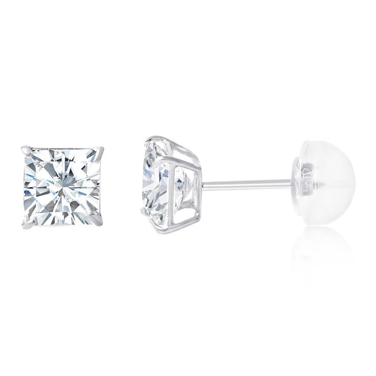 14K Gold Square Solitaire Princess Cut Cubic Zirconia CZ Stud Push Back Earrings