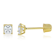 14K Gold Square Solitaire Princess Cut Cubic Zirconia CZ Stud Screw Back Earrings