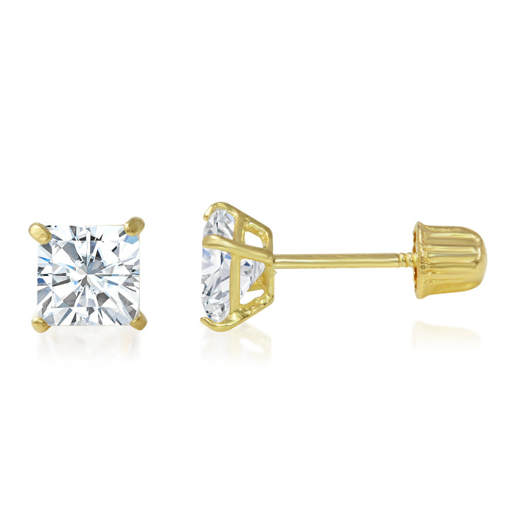 14K Gold Square Solitaire Princess Cut Cubic Zirconia CZ Stud Screw Back Earrings