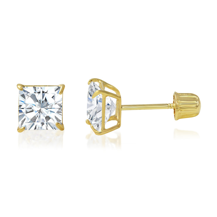 14K Gold Square Solitaire Princess Cut Cubic Zirconia CZ Stud Screw Back Earrings