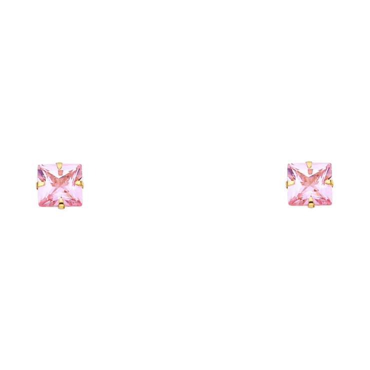 14K Gold Solitaire Princess Cut CZ Stud Earrings (5mm)