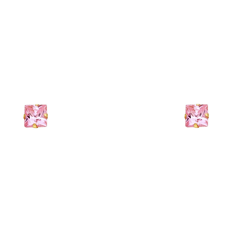 14K Gold Solitaire Princess Cut CZ Stud Earrings (5mm)