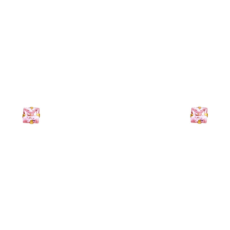 14K Gold Solitaire Princess Cut CZ Stud Earrings (5mm)