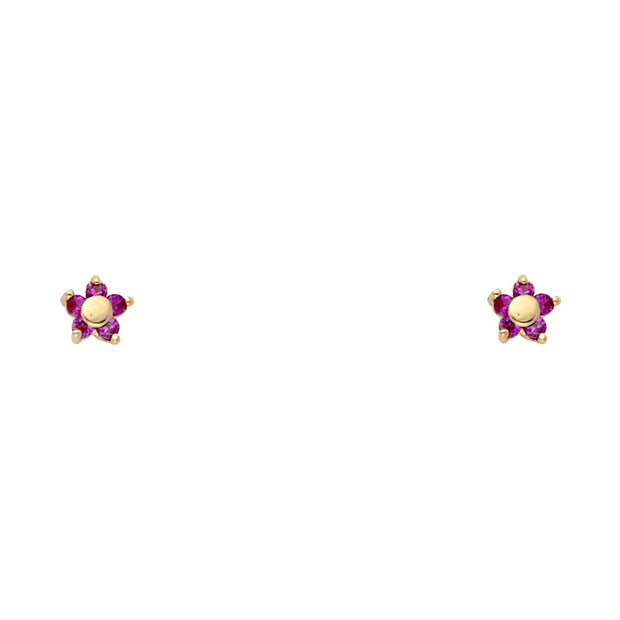 14K Gold Birthstone CZ Flower Stud Earrings