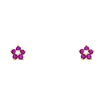 14K Gold Birthstone CZ Flower Stud Earrings ( 5mm)