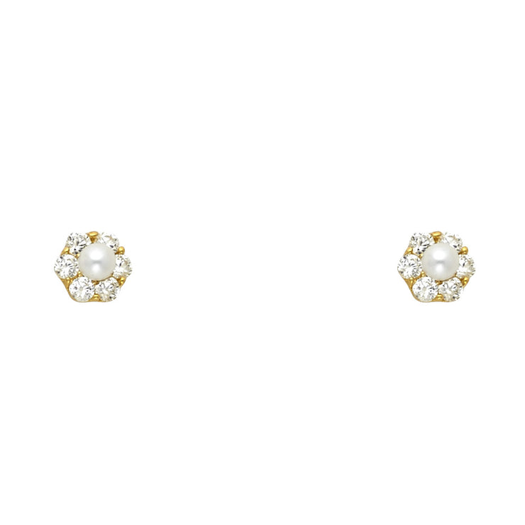 14K Gold CZ Pearl Fancy Flower Stud Earrings
