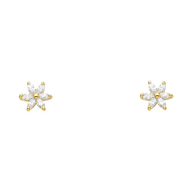 14K Gold Birthstone CZ Flower Stud Earrings