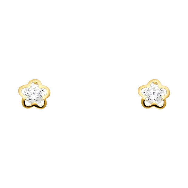 14K Gold CZ Flower Stud Earrings