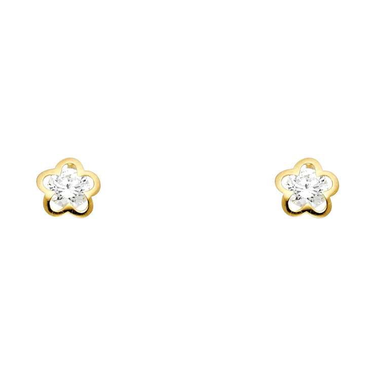 14K Gold CZ Flower Stud Earrings