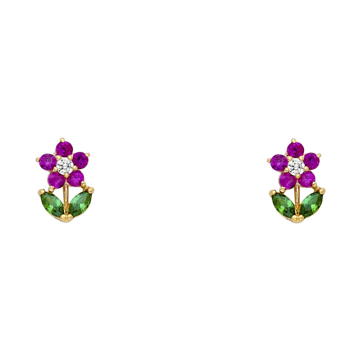 14K Gold CZ Flower & Leaf Stud Earrings