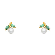 14K Gold CZ Pearl and Leaf Stud Earrings