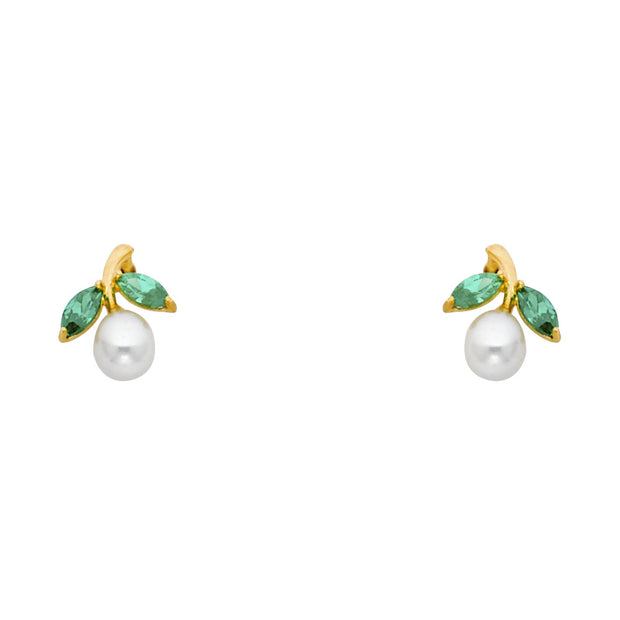 14K Gold CZ Pearl and Leaf Stud Earrings