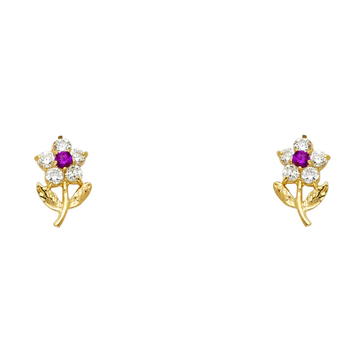 14K Gold CZ Flower & Leaf Stud Earrings