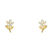 14K Gold CZ Flower & Leaf Stud Earrings
