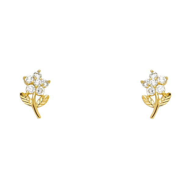 14K Gold CZ Flower & Leaf Stud Earrings