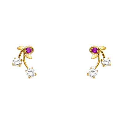 14K Gold CZ Flower and Leaf Stud Earrings