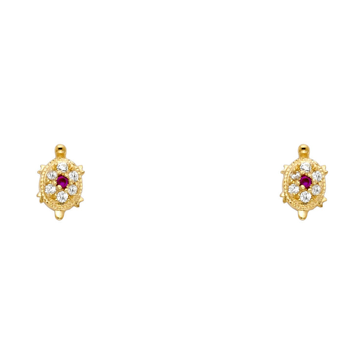 14K Gold CZ Turtle Lucky Charm Stud Earrings