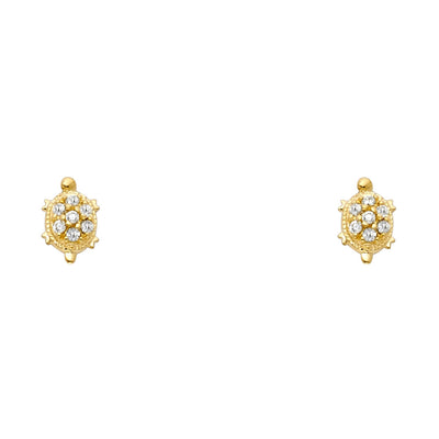 14K Gold CZ Turtle Lucky Charm Stud Earrings