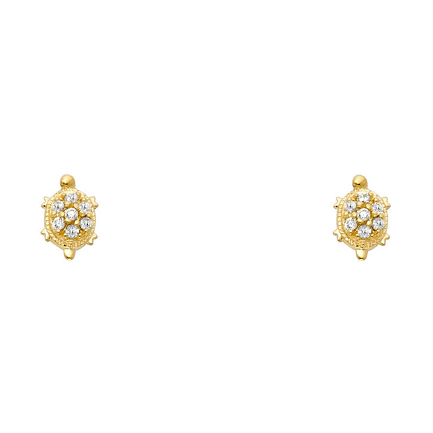 14K Gold CZ Turtle Lucky Charm Stud Earrings