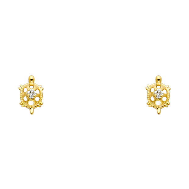 14K Gold CZ Turtle Lucky Charm Stud Earrings