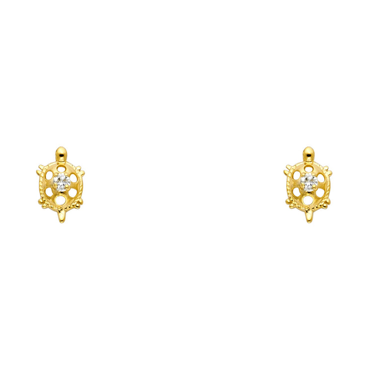 14K Gold CZ Turtle Lucky Charm Stud Earrings