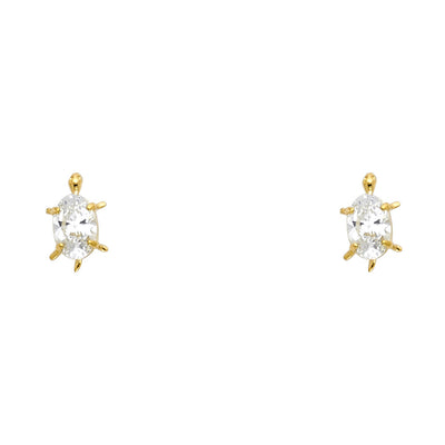 14K Gold Oval Cut CZ Turtle Lucky Charm Stud Earrings