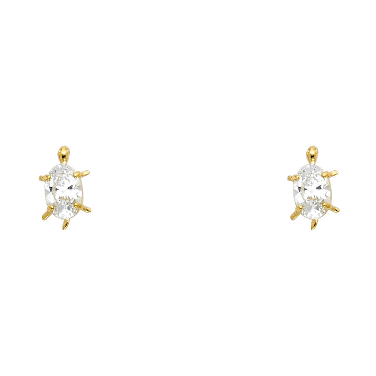 14K Gold Oval Cut CZ Turtle Lucky Charm Stud Earrings