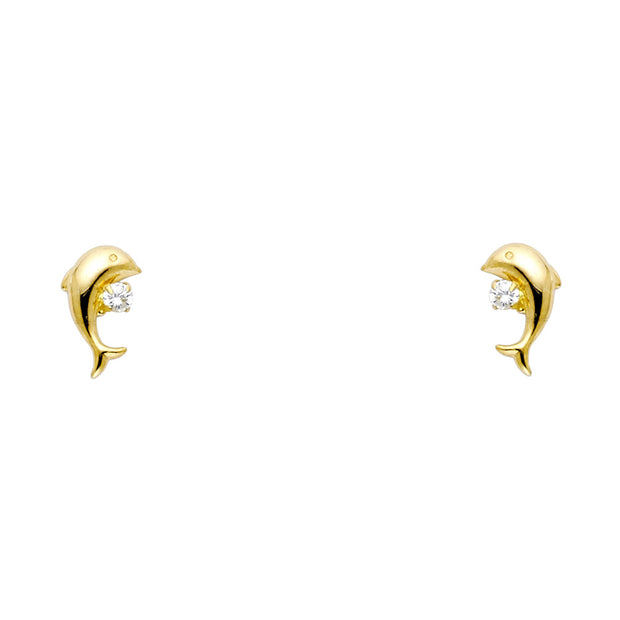 14K Gold CZ Dolphin Stud Earrings