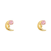 14K Gold CZ Moon and Star Stud Earrings