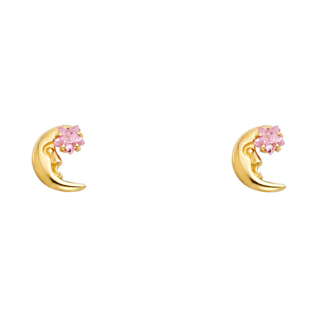 14K Gold CZ Moon and Star Stud Earrings